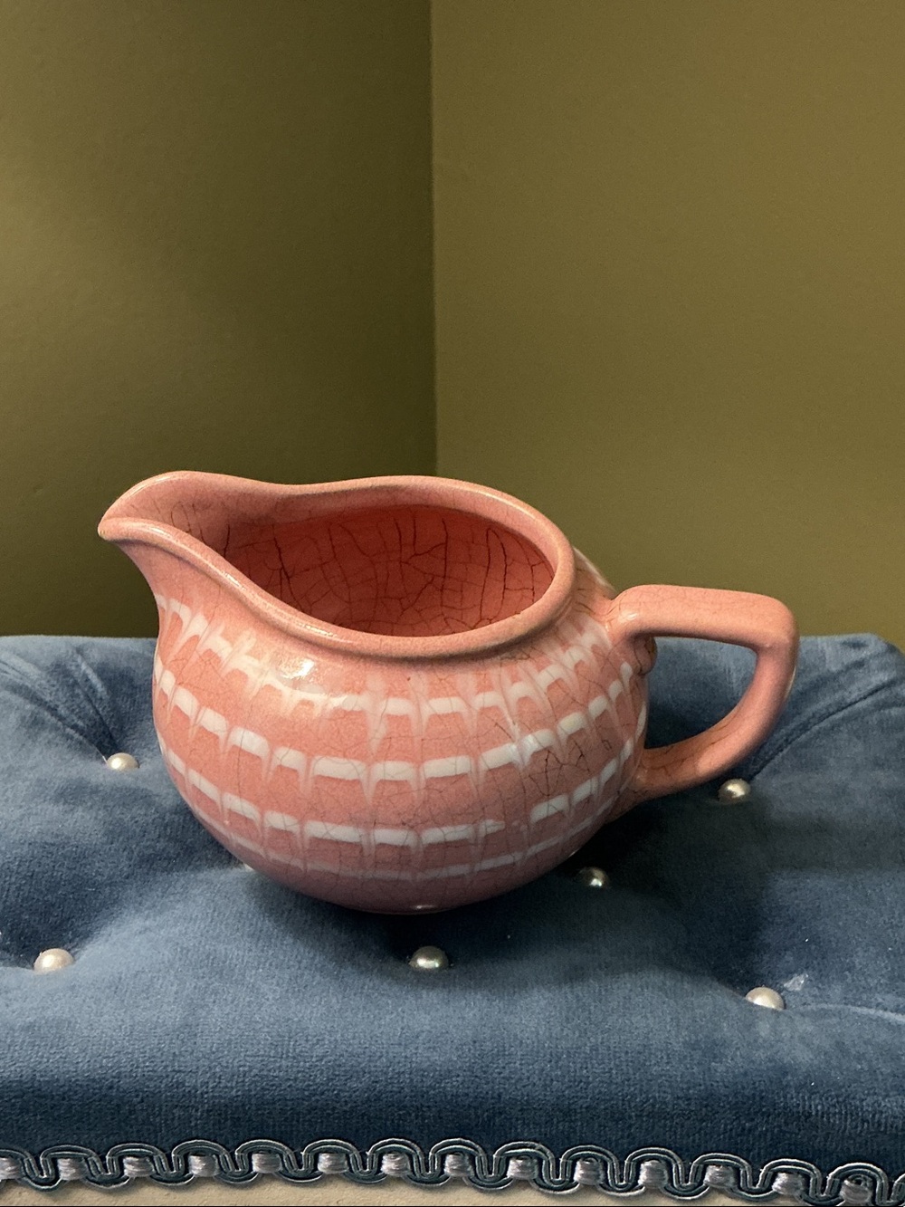 Longchamp France Vintage Pink and White Ceramic Gravy Boat Pitcher EUC